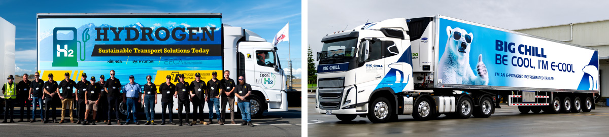 Two TR Group sustainable transport vehicles: a hydrogen-powered truck with a group of people standing in front, and an electric-powered refrigerated trailer with Big Chill branding.