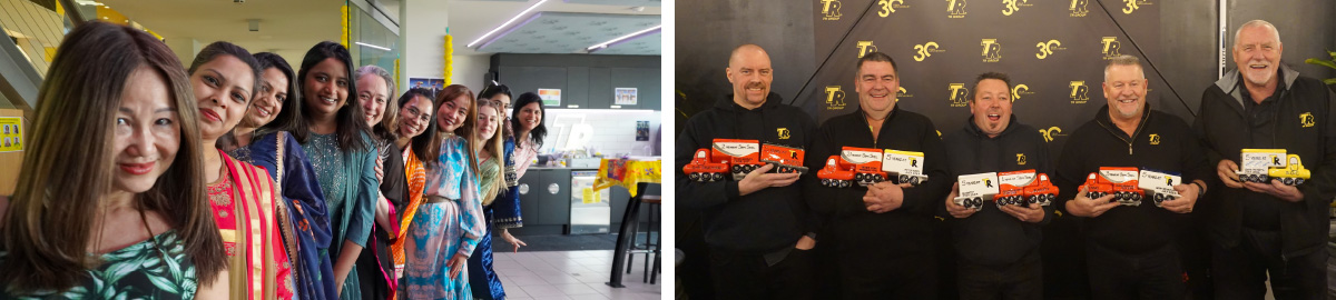 Two TR Group celebrations: on the left, team members dressed in colourful traditional clothing for Diwali; on the right, team members holding model trucks while celebrating work anniversaries.