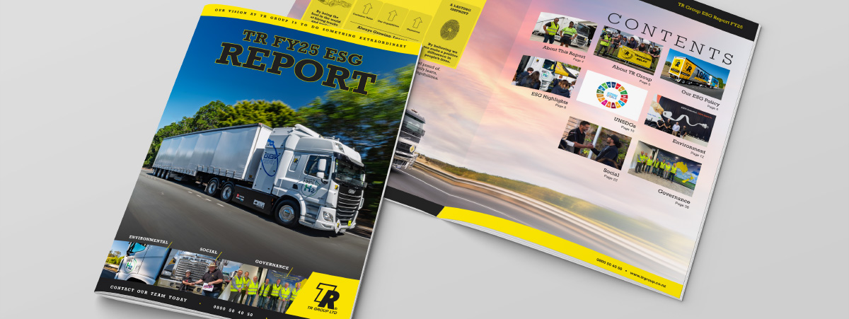 TR Group FY25 ESG Report cover and contents spread featuring a TR Group truck on the road and sections highlighting environmental, social, and governance topics.